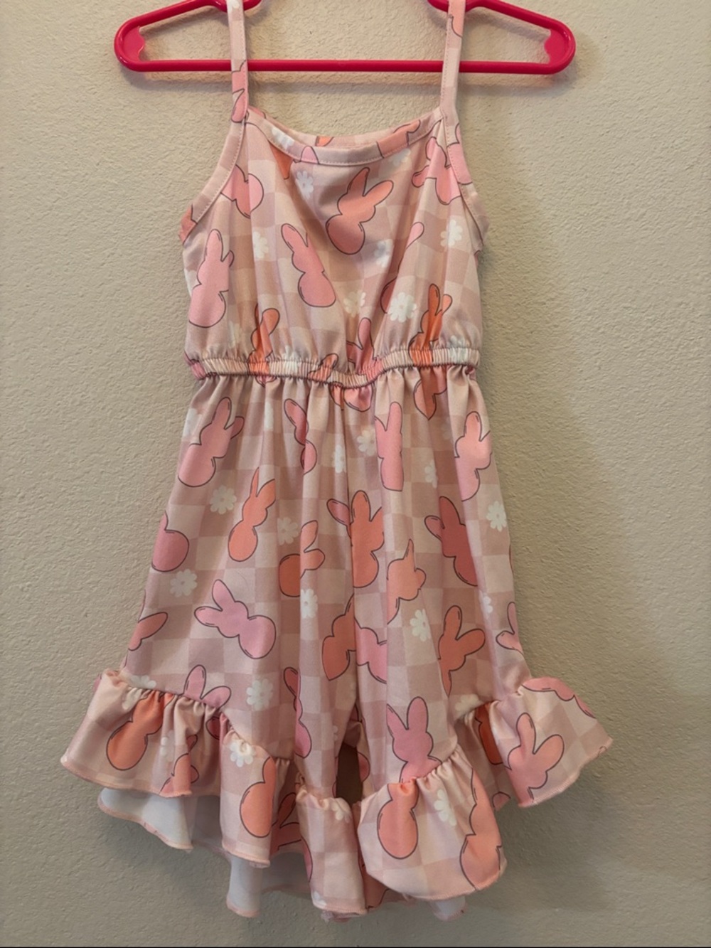 Girls Pink Bunny Print Ruffle Hem Dress